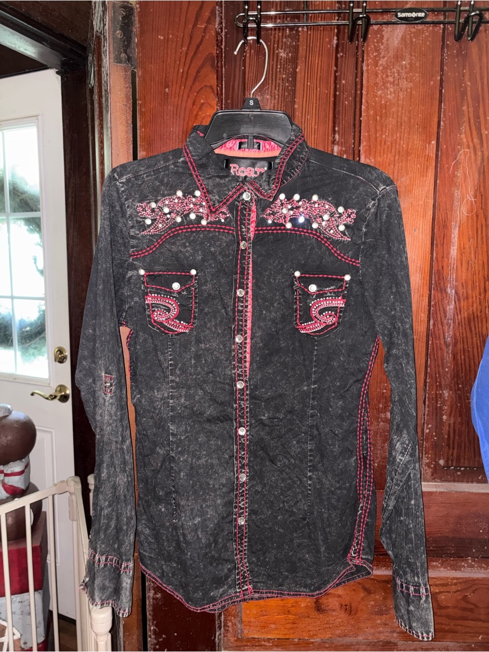 Roar Black Distressed Look Shirt with Pink Embellishment